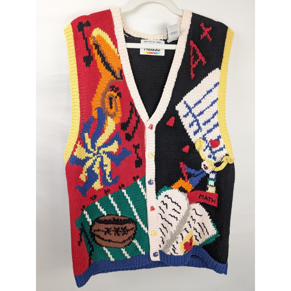 Vintage 90s Hand Knit School Teacher Sweater Vest Size XL Novelty Cottagecore